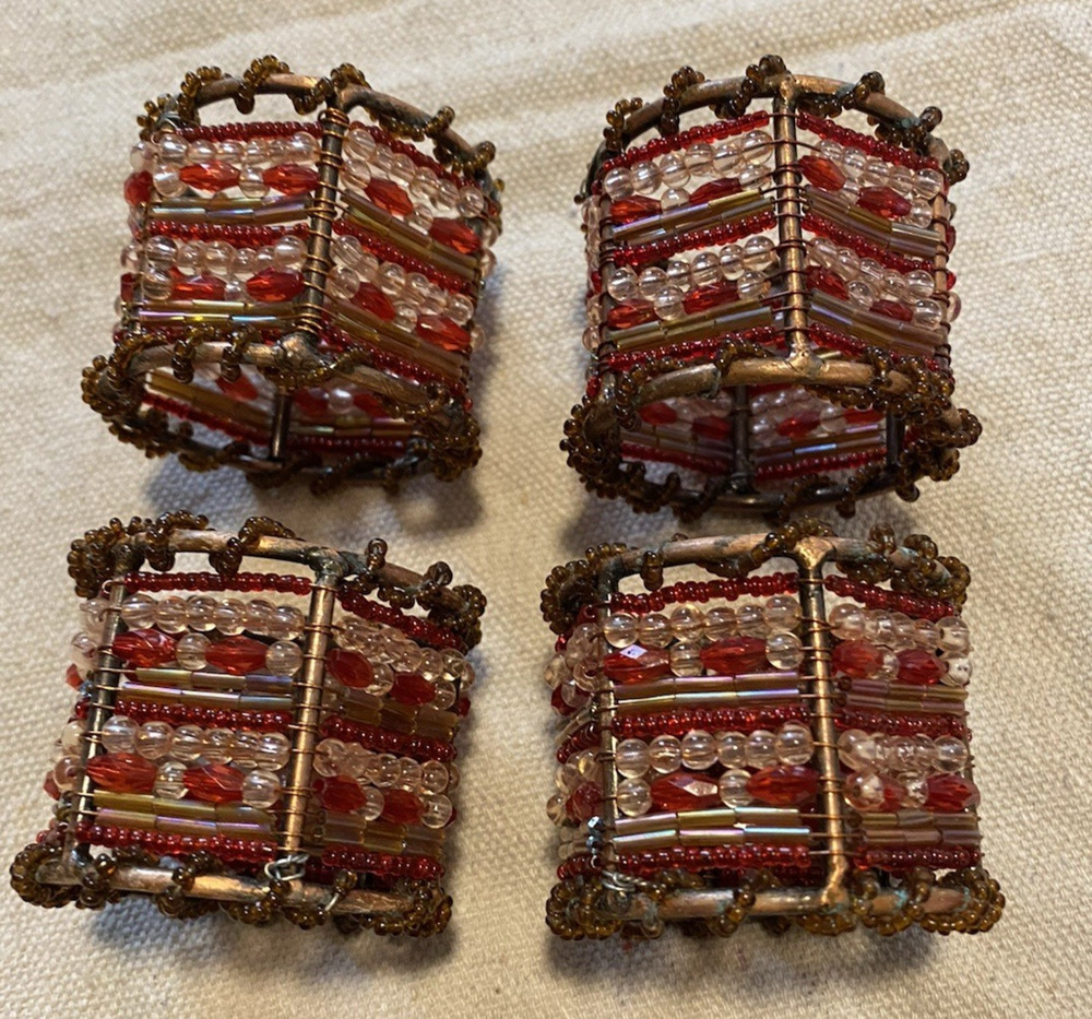 Vtg Set of 4 Pier 1 Glass Hand Beaded Napkin Rings Red / Gold 2" tall x 2" Wide